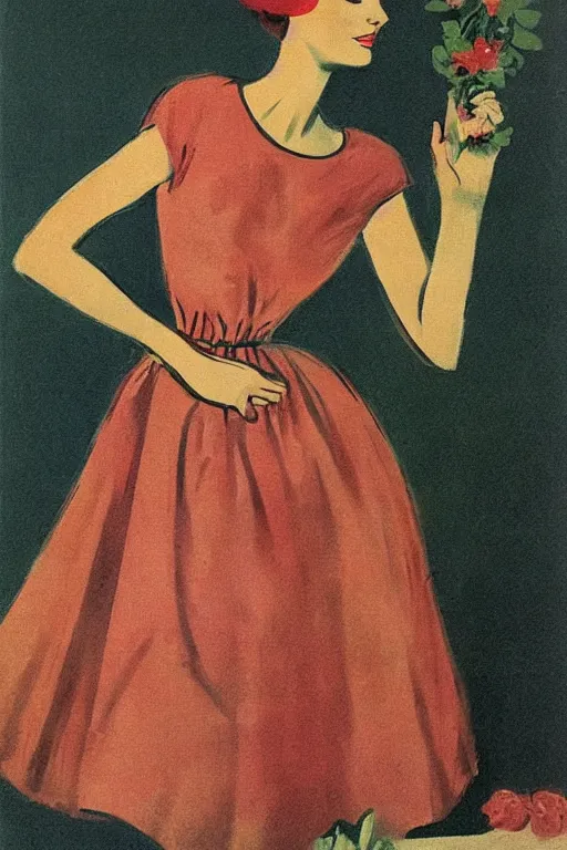 Image similar to beautiful slim and shapely young woman, elegant look, peasant dress, 1960\'s soviet propaganda art