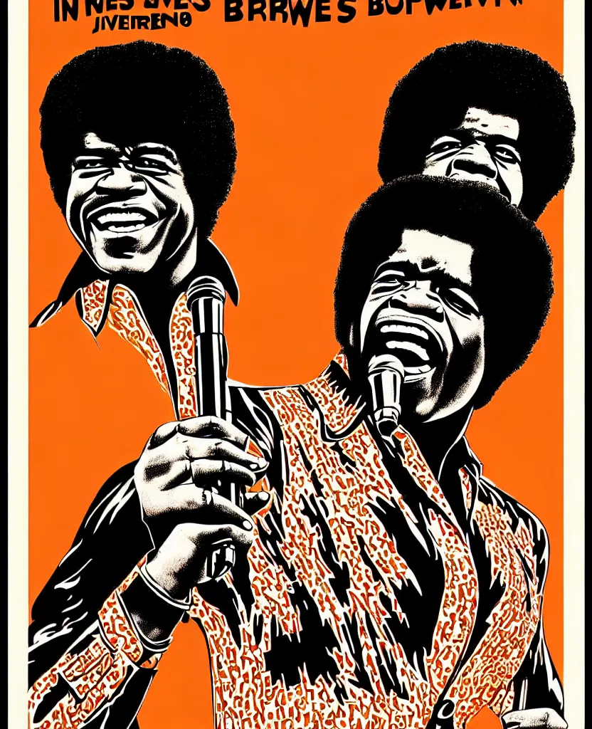 Image similar to invert poster illustration of james brown, james brown concert poster, highly detailed, colored illustration, “ superbad tour, 1 9 6 9,