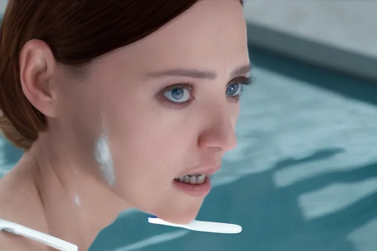 Image similar to close up of scarlet johannson as a female android scrubbing the pool with a toothbrush, high resolution film still, 4 k, hdr color