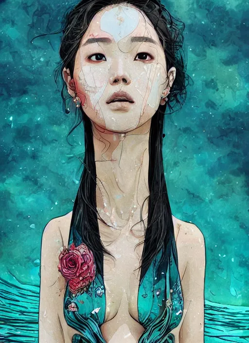 Image similar to lee jin - eun in luxurious dress emerging from turquoise water in egyptian pyramid city during an eclipse by james jean, conrad roset, m. k. kaluta, martine johanna, rule of thirds, elegant look, beautiful, chic, face anatomy, cute complexion