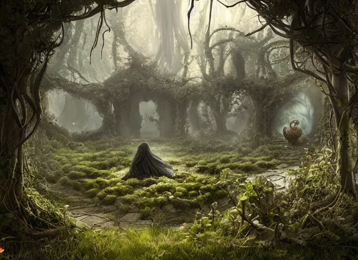 Prompt: secret garden, odd looking creatures, spooky, dark, in the style of pan's labyrinth movie, concept art, unreal engine 5, matte painting, artstation, caspar friedrich, wlop