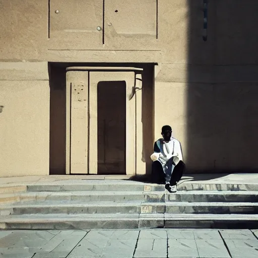 Image similar to a man sitting on a bench in front of a building, a character portrait by kamal ud - din behzad, featured on unsplash, neo - primitivism, matte photo, photo taken with ektachrome, studio portrait