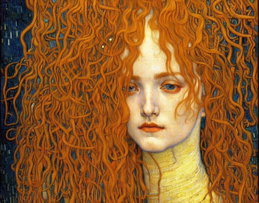 Image similar to detailed realistic beautiful young medieval queen face portrait by jean delville, gustav klimt and vincent van gogh, art nouveau, symbolist, visionary, gothic, pre - raphaelite, muted earthy colors, desaturated