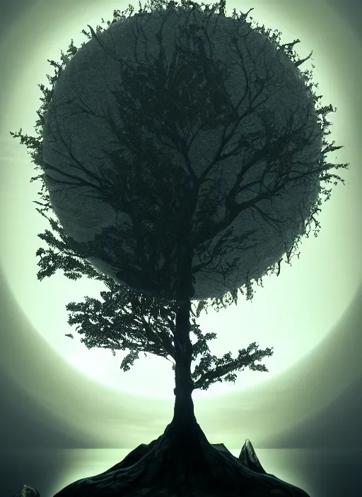 Image similar to a tree from which eyes hang instead of fruits, the tree is on top of a calm sea, in the background there is an eclipse that coincides with the tree. fantasy art, horror, nightmare, photo realistic, dynamic lighting, artstation, poster, volumetric lighting, very detailed faces, 4 k, award winning