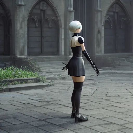 Prompt: 2 b nier automata standing in front of a church, 3 d render, unreal engine, octane render, ray tracing, unity, highly detailed, high quality, hd, 4 k, 8 k, realistic, sharp, trending