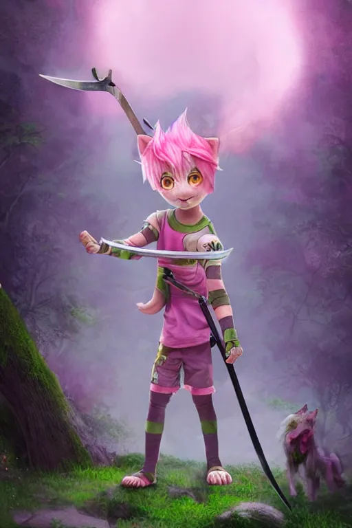 Prompt: a beautiful fullbody portrait of a cute male boy with pink hair and pink wolf ears and tail, wearing a cool outfit, barefoot, wielding a sword in battle position, in a forest, at night. volumetric light, detailed, photorealistic, fantasy, rendered in octane