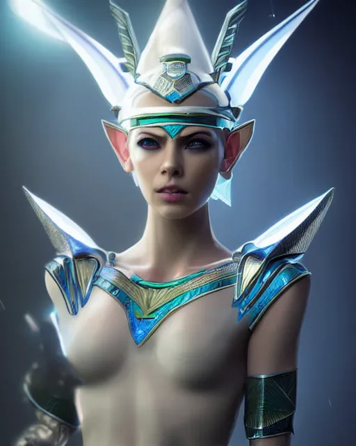 Image similar to perfect white haired attractive egyptian goddess, warframe armor, pharaoh headdress, beautiful, symmetric, dreamy, half asian, pretty face, green eyes, charlize theron, detailed, scifi platform, laboratory, experiment, 4 k, ultra realistic, epic lighting, android body, illuminated, cinematic, masterpiece, art by akihito tsukushi, voidstar