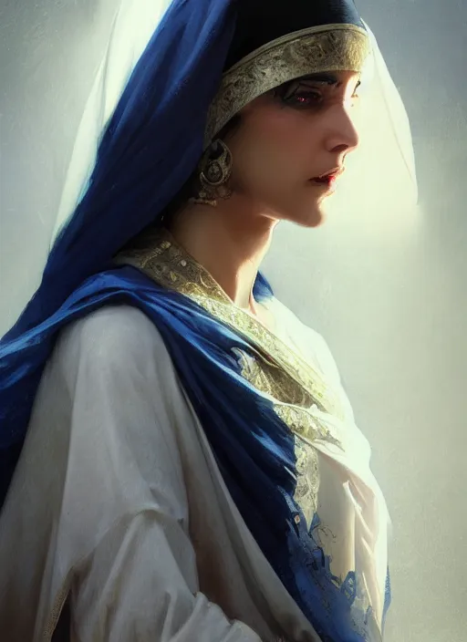 Image similar to a Photorealistic dramatic hyperrealistic render of an arab ameera al taweel, blue eyes, black hair, white veil,by WLOP,Artgerm,Greg Rutkowski,Alphonse Mucha, Beautiful dynamic dramatic dark moody lighting,shadows,cinematic atmosphere,Artstation,concept design art,Octane render,8K