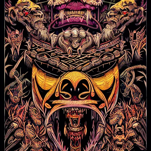 Image similar to barong family member, wiwek, bleeding fangs, crab claws, small horns, viking beard, mara demon, lizard tongue, one single tribe member, jungle, one single mask, dark neon sign lights, 8 0 s, ancient warrior, gorilla, tribals, art by dan mumford and justin gerard