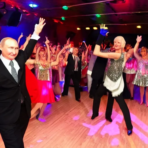 Image similar to putin tears up the dance floor, disco party