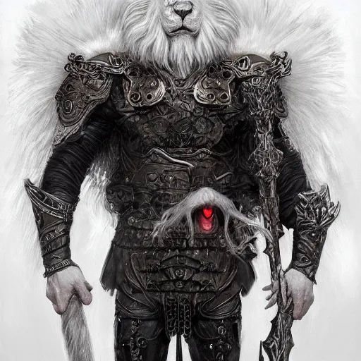 Image similar to anthropomorphic male muscular albino white lion, wearing beautiful vikings armor, darkness aura red light, fantasy, dark, black and white high contrast portrait art by donato giancola and greg rutkowski, realistic face, digital art, trending on artstation, symmetry