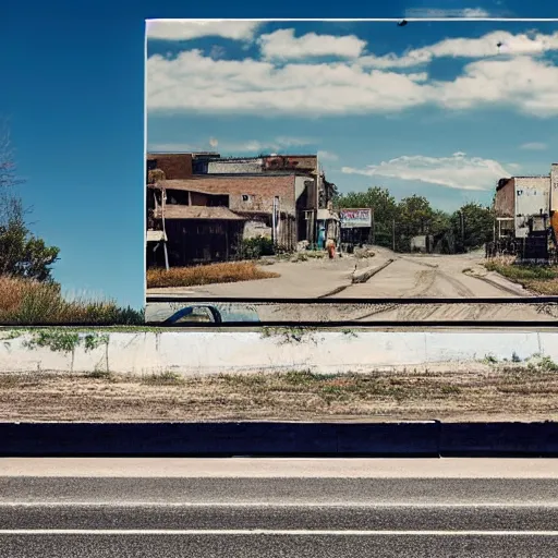 Image similar to a dystopian future image of a street in a rural town on a billboard in that same street in the present day. the picture on the billboard has the exact same viewpoint