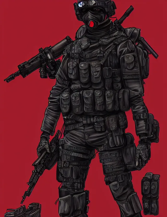 Image similar to a detailed manga illustration of a masked special forces soldier wearing dark red advanced demon - resistant cyborg tactical gear, trending on artstation, digital art, 4 k resolution, detailed, high quality, sharp focus, hq artwork, coherent, insane detail, character portrait