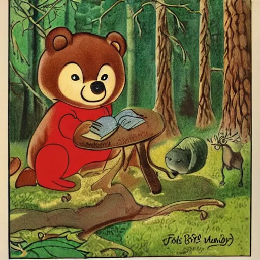 Prompt: magical forest, bear, trees, honey, 1 9 4 0 s cartoon, merry melodies, sharp focus