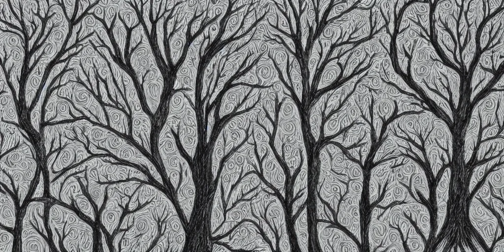 Prompt: hands stretched to form trees, grayscale, stippling