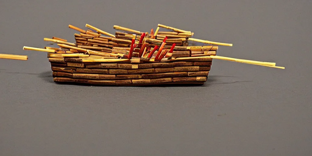 Image similar to a boat made of match sticks, 4k, 35mm