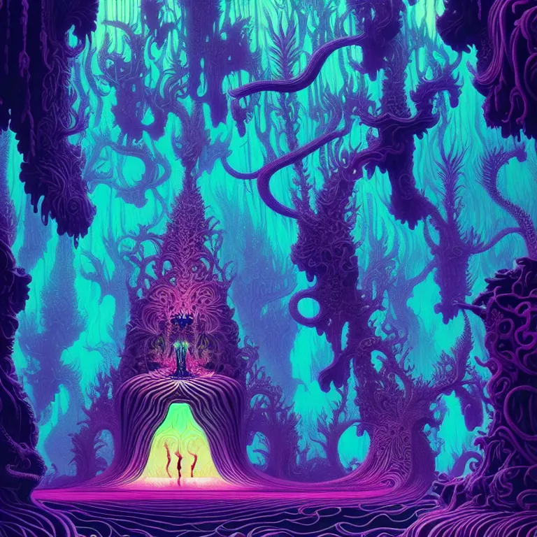 Image similar to interior mythical crystal temple, strange animal silhouettes, fractal waves, synthwave, bright neon colors, highly detailed, cinematic, eyvind earle, tim white, philippe druillet, roger dean, ernst haeckel, lisa frank, aubrey beardsley, kubrick