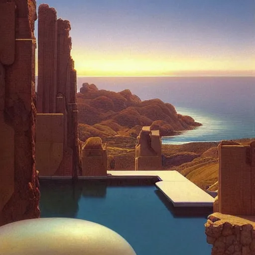 Image similar to David Ligare, scifi landscape, hyperrealistic surrealism, award winning masterpiece with incredible details, epic stunning, infinity pool, a surreal vaporwave liminal space, highly detailed, trending on ArtStation, artgerm and greg rutkowski and alphonse mucha, daily deviation, IAMAG, broken giant marble head statue ruins, golden hour