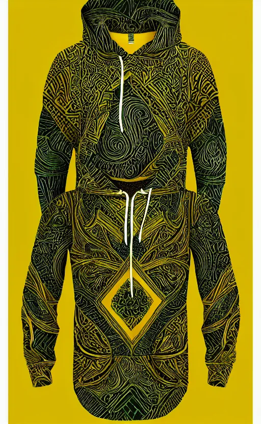 Prompt: hoodie, batik pattern, yellow, green, trendsetter, fashion of the year fiction, stability, intricate, elegant, 8 k, uhd, justify, artstation, concept art, matte, sharp focus, illustration, consistent, highly detailed object content, proportional object content