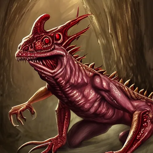 Image similar to big butcher anthropomorphic male lizardfolk posing scarily, scary angry pose, covered in blood, fresh kill, cleaver, in a cave, earie setting, lovecraft eldritch horror, hyperdetailed, furaffinity, anthro art