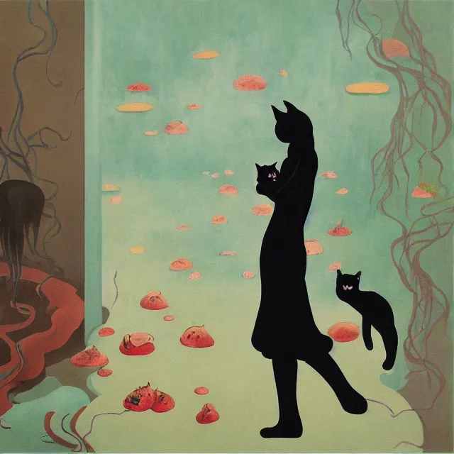 Image similar to tall female catgirl artist holding a black cat in her flooded apartment, pomegranates, octopus, water gushing from ceiling, painting of flood waters inside an artist's apartment, a river flooding indoors, mushrooms, ikebana, zen, rapids, waterfall, black swans, canoe, berries, acrylic on canvas, surrealist, by magritte and monet