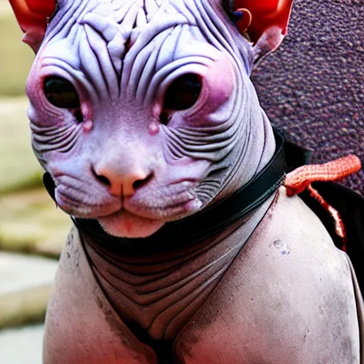 Image similar to samurai armor worn by hairless sphynx cat