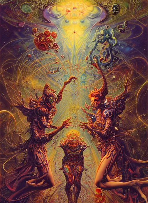 Prompt: realistic detailed image of a friendly figures of dmt jesters made of light walking back and forth in the outer space by Ayami Kojima, Amano, Karol Bak, Greg Hildebrandt, and Mark Brooks, Neo-Gothic, gothic, rich deep colors. Beksinski painting, part by Adrian Ghenie and Gerhard Richter. art by Takato Yamamoto. masterpiece