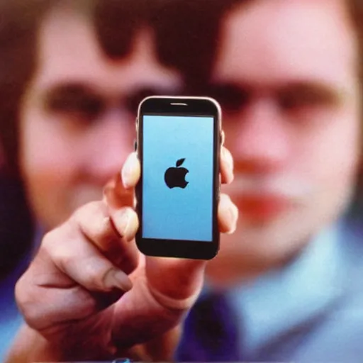 Prompt: a 1980's picture of a man holding an Iphone, Iphones in the 1980s, old photograph, advertisement for the Apple Iphone, 480p resolution