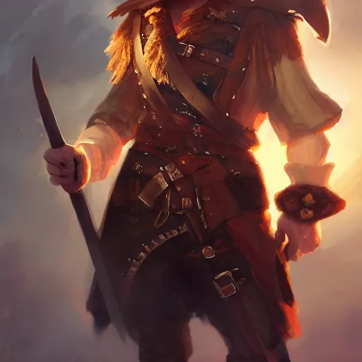 Image similar to handsome charming ginger rogue, long pointed ears, tricorne pirate captain hat, naval background, D&D, fantasy, portrait, cinematic lighting, highly detailed, digital painting, artstation, concept art, smooth, sharp focus, illustration, volumetric lighting, great composition, 8k, art by Greg Rutkowski