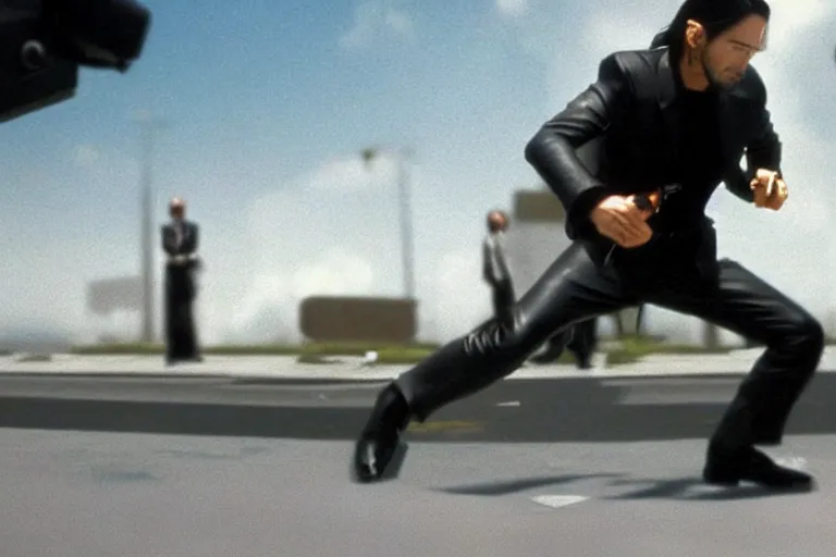 Image similar to beautiful hyperrealism three point perspective film still of Keanu Reeves as neo in bullet time aiming at agent smith in a nice oceanfront promenade motorcycle chase scene in Matrix meets kagemusha(1990) extreme closeup portrait in style of 1990s frontiers in translucent porcelain miniature street photography seinen manga fashion edition,, tilt shift style scene background, soft lighting, Kodak Portra 400, cinematic style, telephoto by Emmanuel Lubezki