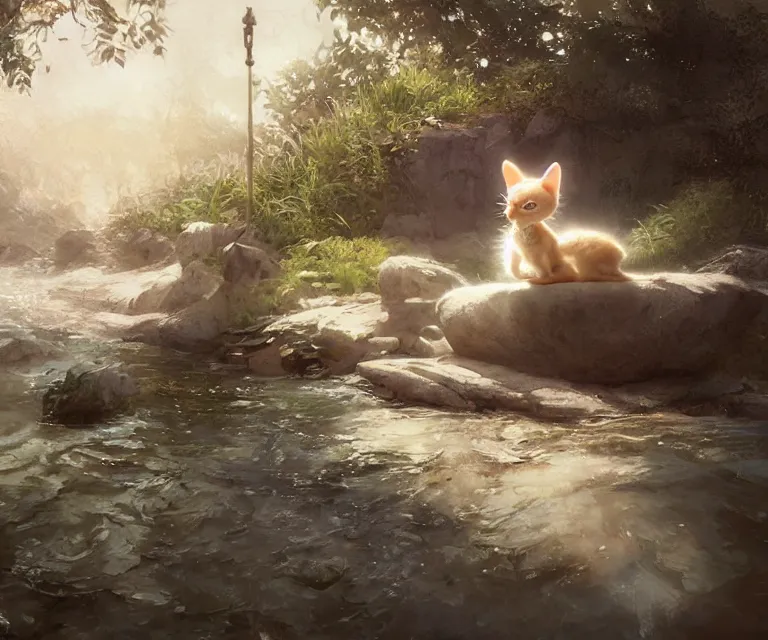 Image similar to a painting of a cute light beige brown kitten at a river. character design by cory loftis, fenghua zhong, ryohei hase, ismail inceoglu and ruan jia. volumetric light, detailed, rendered in octane