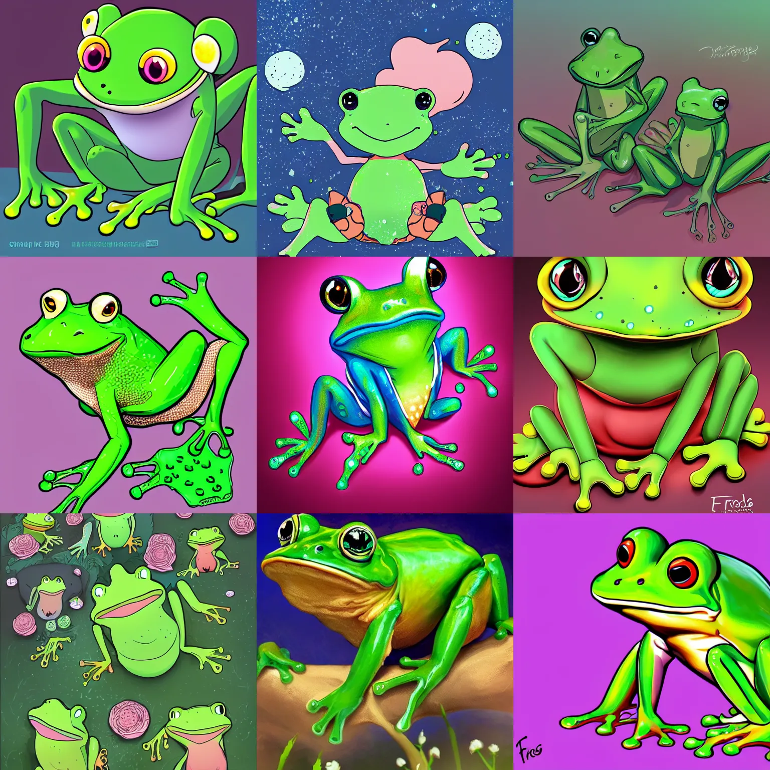 Prompt: frog friends, digital art, cute, shoujo, trending on artstation, detailed, 4 k