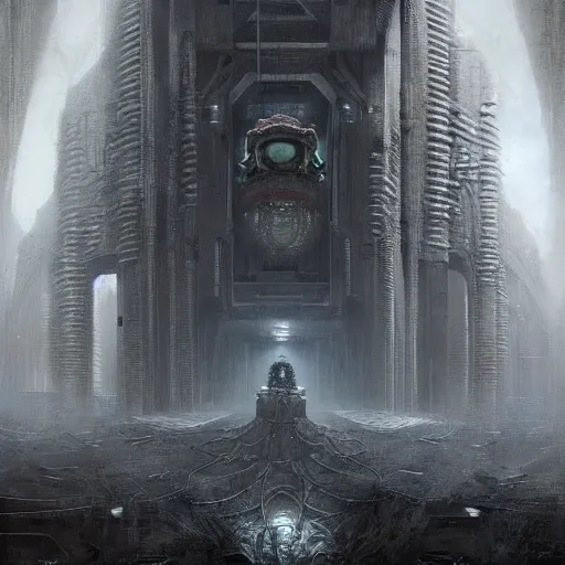 Image similar to lost and alone in a vast future sci - fi cyberpunk brutalist megastructure temple by gustave dore and gustave moreau and beksinski and giger and craig mullins and jeremy mann