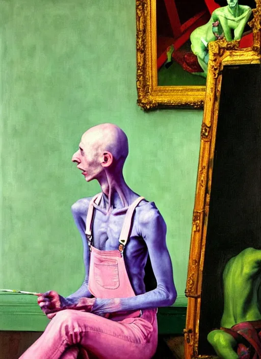 Prompt: a skinny, starving artist wearing overalls, painting the walls inside a grand ornate cathedral, hauntingly surreal, highly detailed painting by francis bacon, edward hopper, adrian ghenie, gerhard richter, soft light 4 k in pink, green and blue colour palette