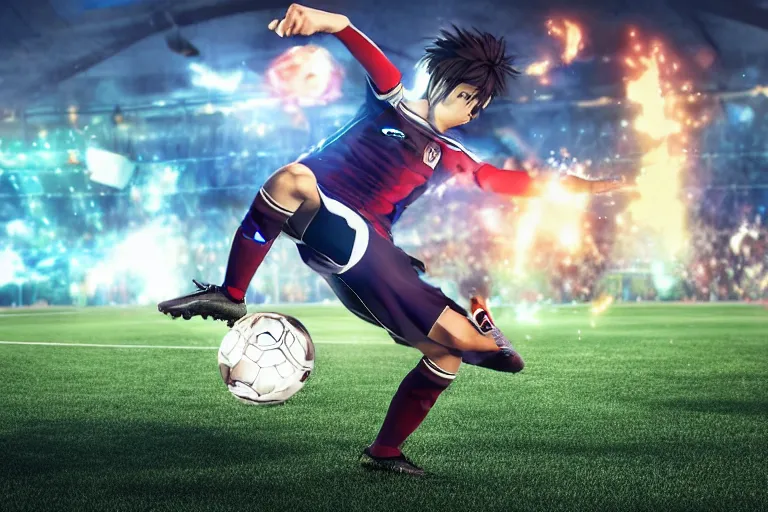 Image similar to anime soccer player scores goal with high kick, hyper realism, octane render