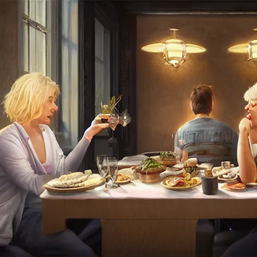 Image similar to michael mcintyre and middle aged blonde woman with short hair and a blonde woman with long hair having dinner at sunday in brooklyn, anatomy, bathed in light, highly detailed, photorealistic, artstation, smooth, sharp focus, illustration, unreal engine 5, 8 k, art by artgerm and greg rutkowski and edgar maxence