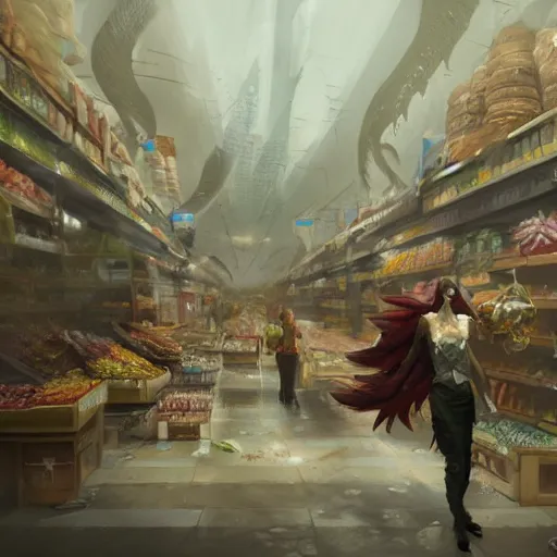 Image similar to digital painting of an super market shopping elegant but deadly chicogriff, griffin chicogriff hybrid monster, by Greg Rutkowski, magic the gathering concept art, trending on artstation, 4k resolution, ((in a super market Costco))