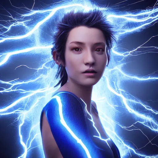 Image similar to photography of a hyper realistic highly detailed stunning humanoid creature, controls complex and highly detailed blue lightning strikes as a super power. professionnal digital art, artstatiom, stuning, intricate, complex, unreal engine 5.