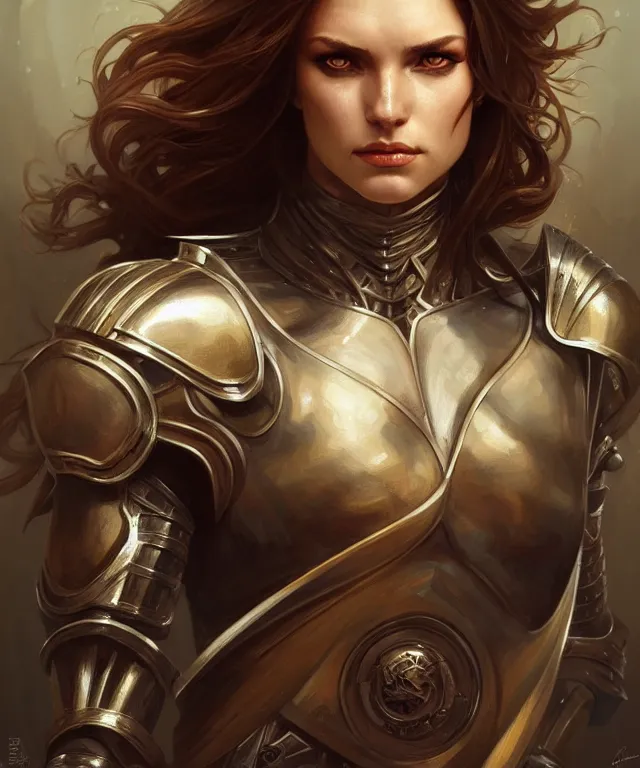 Image similar to Muscular and powerful medieval knight woman portrait, sci-fi, amber eyes, face, long hair, fantasy, intricate, elegant, highly detailed, digital painting, artstation, concept art, smooth, sharp focus, illustration, art by artgerm and greg rutkowski and alphonse mucha