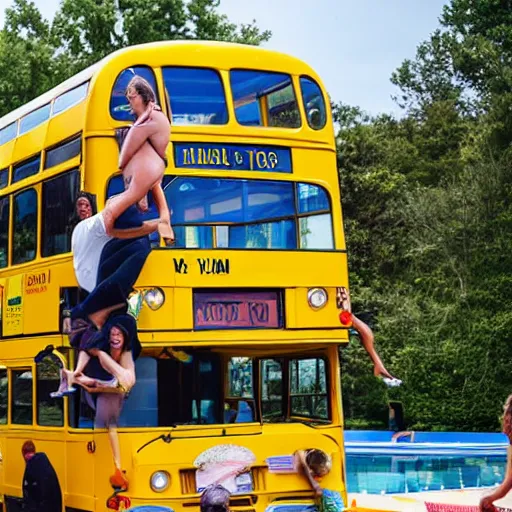 Prompt: A yellow bus, on top of the bus there is a pool and barbecue filled with people having a party, photograph