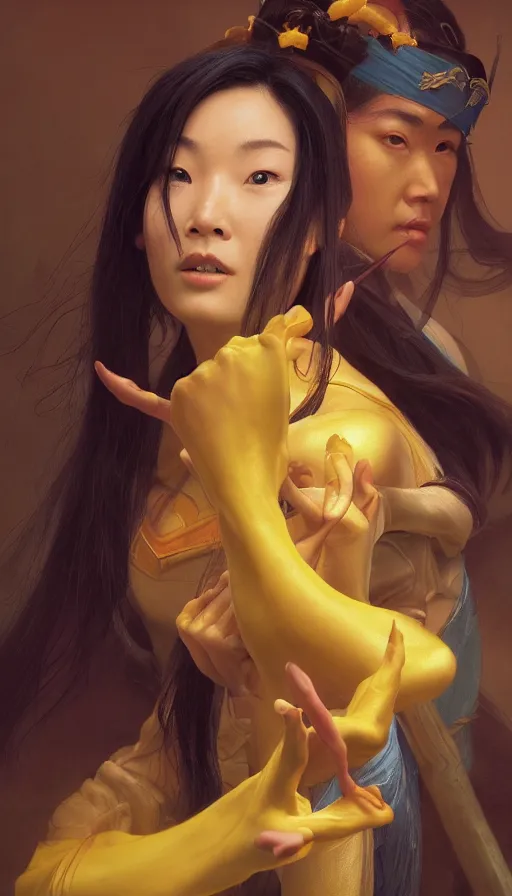 Prompt: epic masterpiece mulan, drama, sweaty skin, hyperrealistic, octane render, cinematic, beautiful face and flawless skin, perfect hands, 5 fingers, yellow by Edgar Maxence and Ross Tran and Michael Whelan and Lorenzo Sperlonga, Brom, Legends of Runeterra