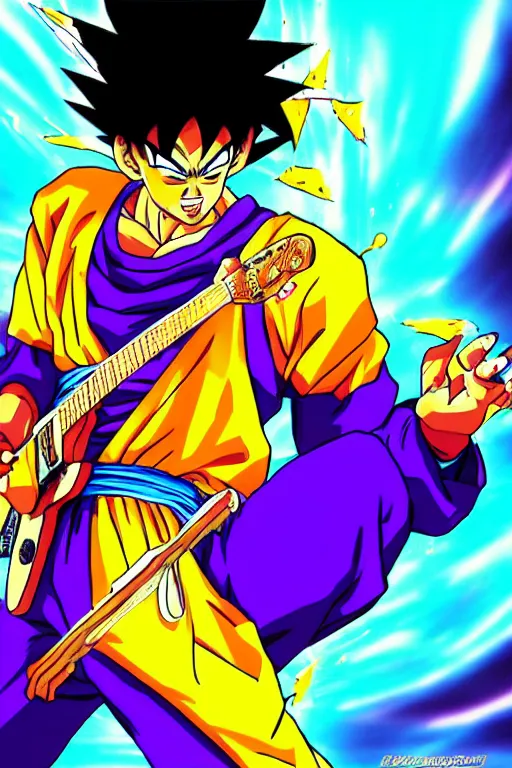 Image similar to jimi hendrix preforming in dragon ball z art style, anime art, epic, HD, cinematic