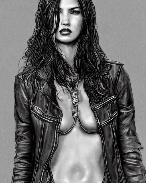 Prompt: Adriana Lima in sons of anarchy tv show, wearing jacket, D&D style , highly detailed, digital art, trending on artstation, smooth, sharp focus, illustration, art by artgem and ROBERT HYNES