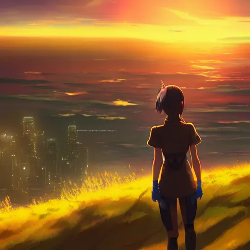 Image similar to A cyborg girl standing on the hill looking at the sea with a sunset in style of Makoto Shinkai and Cyberpunk. ArtStation, 8K, Highly Detailed, Intricate, Album Art.