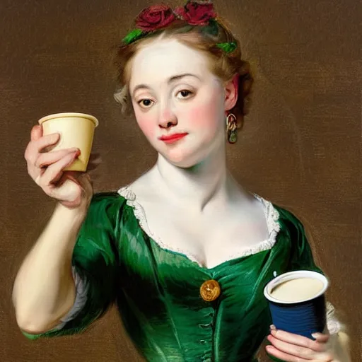 Prompt: eavenly summer sharp land sphere scallop well dressed lady holding a tall paper cup coffee, auslese, by peter paul rubens and eugene delacroix and karol bak, hyperrealism, digital illustration, fauvist, tall paper cup coffee, green coffee logo