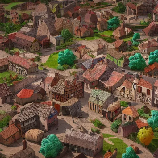 Prompt: a small medieval town, 3d render, cartoony, clay, detail, award winning render, studio lighting, vibrant, colorful, 8k, hd