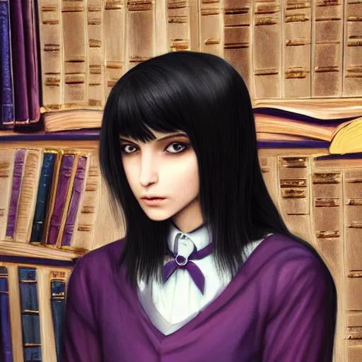 Prompt: 1 4 - year - old pale - skinned persian goth girl, black hair, long bob hair, purple coat, psychic girl, gloomy library, hogwarts library, ultra - realistic, sharp details, subsurface scattering, intricate details, cold lighting, highly detailed, photorealistic, octane render, 8 k unreal engine, art by artgerm