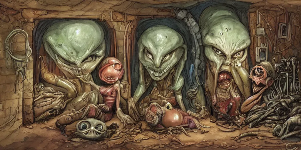 Image similar to a damp hoarders basement where a scary looking alien and a women sleep, in the style of Boris Vallejo