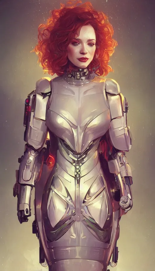 Image similar to portrait of christina hendricks as a robot, cyberpunk machine, machine face, robed, upper half portrait, decorated, intricate intense elegant highly detailed digital painting artstation concept art smooth sharp focus illustration, art by artgerm and greg rutkowski alphonse mucha 8 k