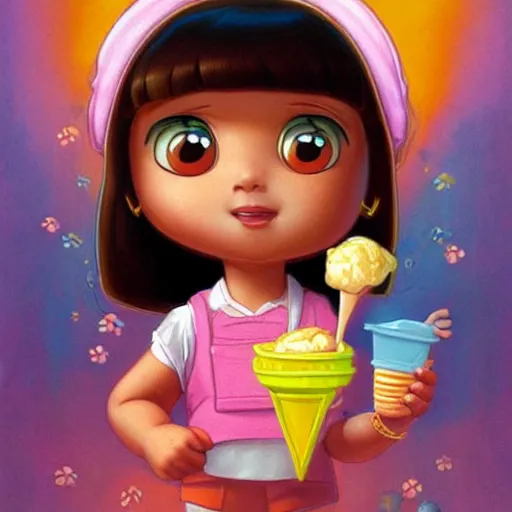 Image similar to dora the explorer as real girl holding ice cream, detailed, intricate complex background, Pop Surrealism lowbrow art style, mute colors, soft lighting, by Mark Ryden and mucha, artstation cgsociety